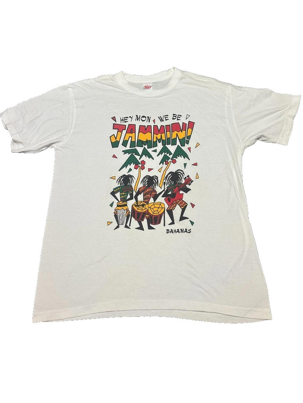 Vintage Hey Mon We Be Jammin Bob Marley L Large Reggae Bahamas Shirt White Rasta